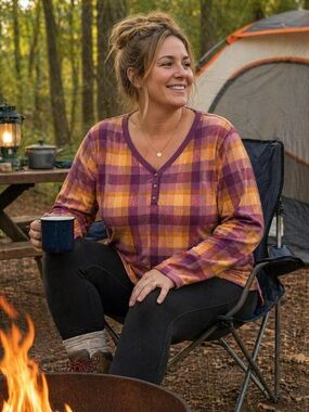 Terra & Sky Plaid Henley in Orange and Plum